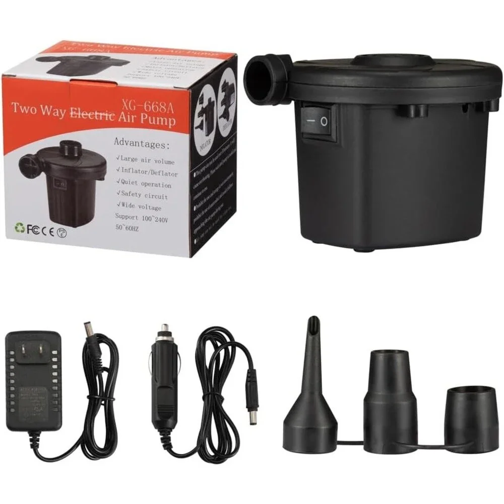 Portable Electric Air Pump DC AC Dual Adapter Quick Inflator Deflator w/Nozzles